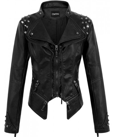 Women's Moto Studded Performance Slim Lapel Front Zip PU Leather Short Biker Jacket Black $34.79 Coats