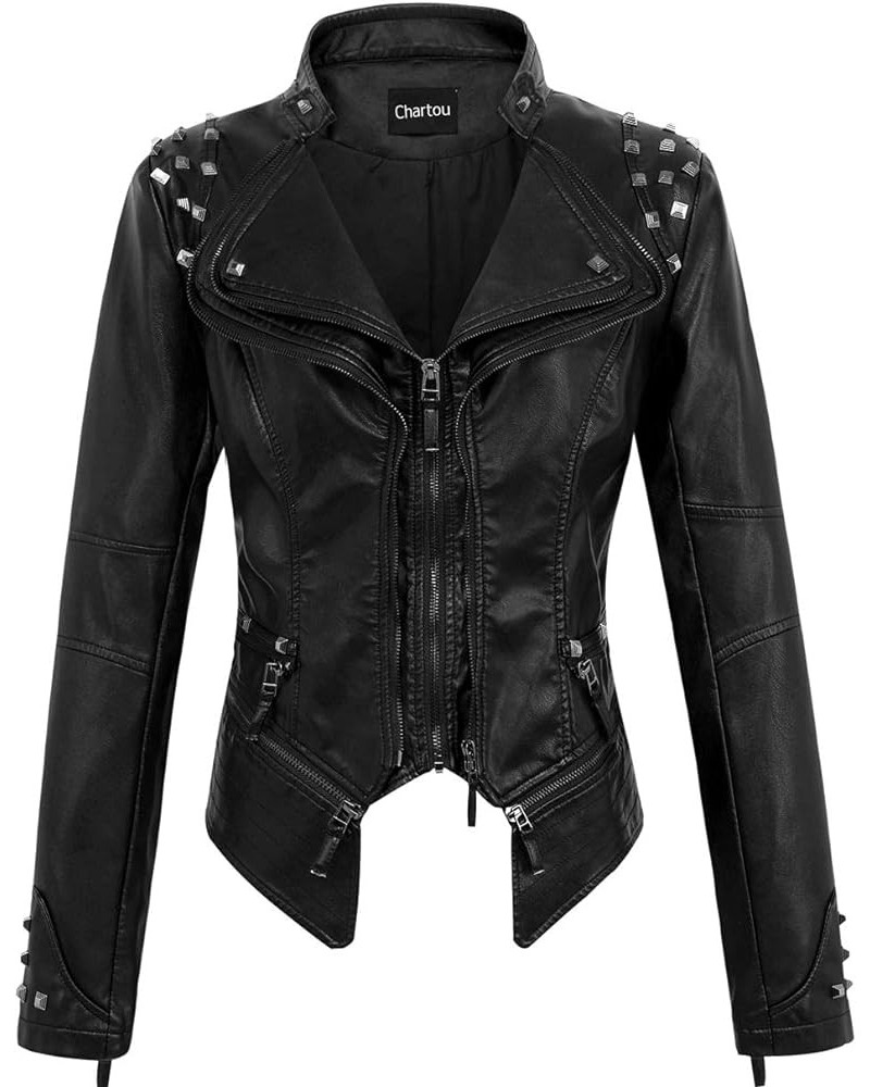 Women's Moto Studded Performance Slim Lapel Front Zip PU Leather Short Biker Jacket Black $34.79 Coats