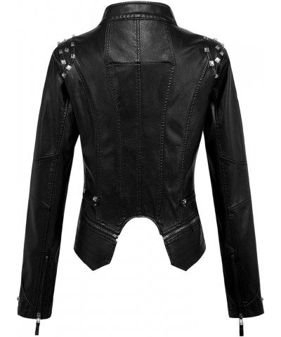 Women's Moto Studded Performance Slim Lapel Front Zip PU Leather Short Biker Jacket Black $34.79 Coats