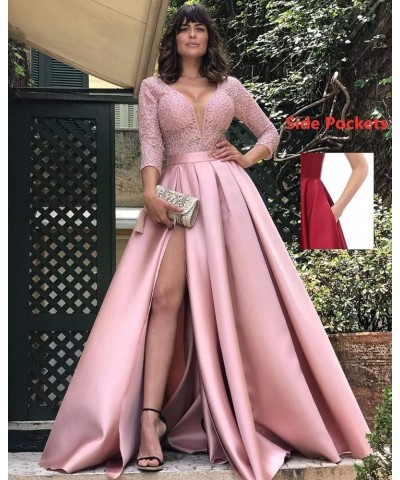 Prom Dresses with Slit Pocket V Neck Lace Long Ball Gown 3/4 Sleeves Satin Formal Party Gowns Dusty Blue $36.75 Dresses