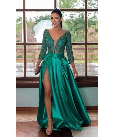 Prom Dresses with Slit Pocket V Neck Lace Long Ball Gown 3/4 Sleeves Satin Formal Party Gowns Dusty Blue $36.75 Dresses