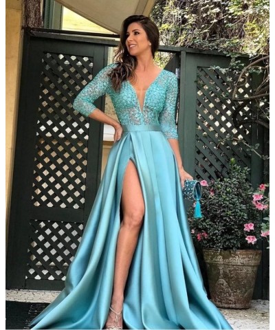 Prom Dresses with Slit Pocket V Neck Lace Long Ball Gown 3/4 Sleeves Satin Formal Party Gowns Dusty Blue $36.75 Dresses