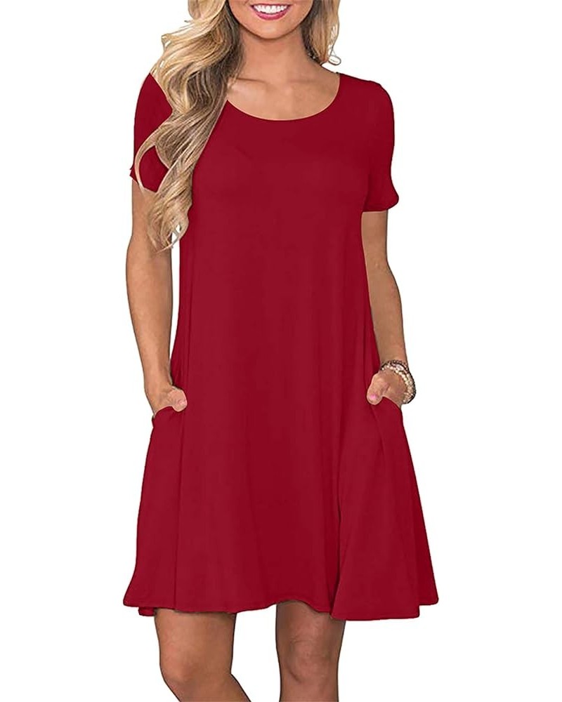 Womens Summer Solid Color Pockets Dress Round Neck Short Sleeve Knee-Length Sundress XS-5XL Red $11.25 Dresses