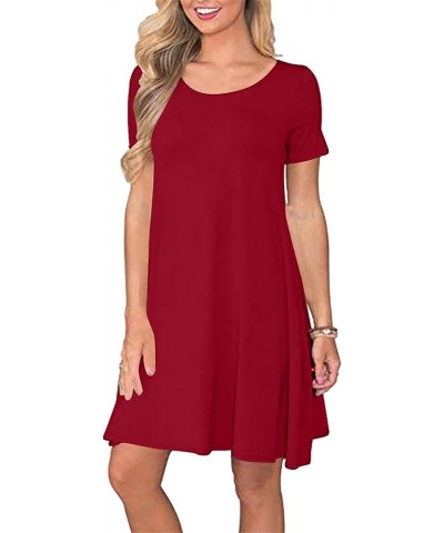 Womens Summer Solid Color Pockets Dress Round Neck Short Sleeve Knee-Length Sundress XS-5XL Red $11.25 Dresses