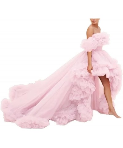 Off Shoulder Maternity Photoshoot Prom Gown Puffy Ruffles Tulle High Low Formal Evening Dresses Pink $52.24 Dresses