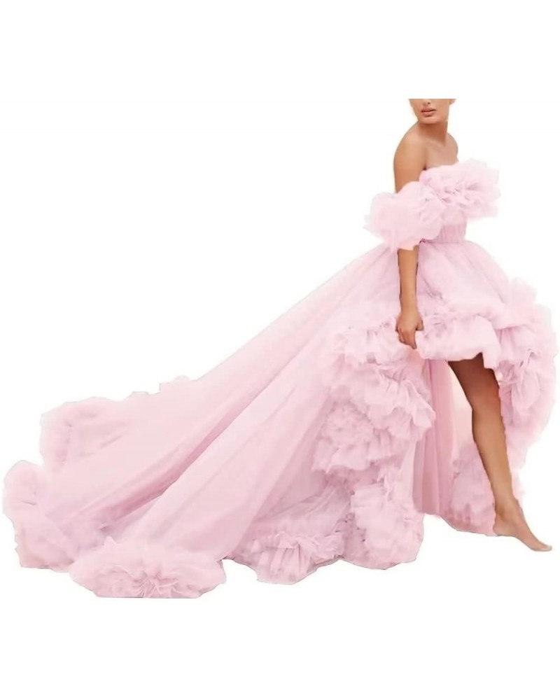 Off Shoulder Maternity Photoshoot Prom Gown Puffy Ruffles Tulle High Low Formal Evening Dresses Pink $52.24 Dresses