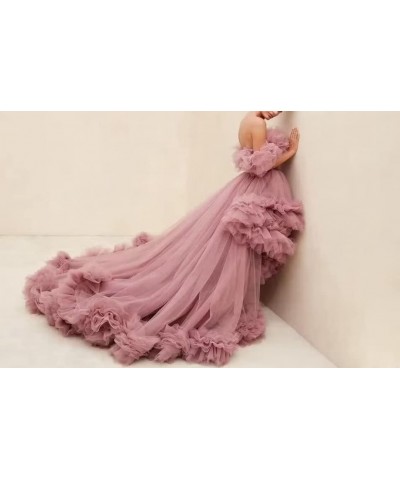 Off Shoulder Maternity Photoshoot Prom Gown Puffy Ruffles Tulle High Low Formal Evening Dresses Pink $52.24 Dresses