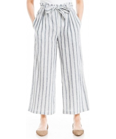 Women's Linen Blend Wide Leg Pant with Waist Tie Off White/Blue Stripe $11.44 Pants