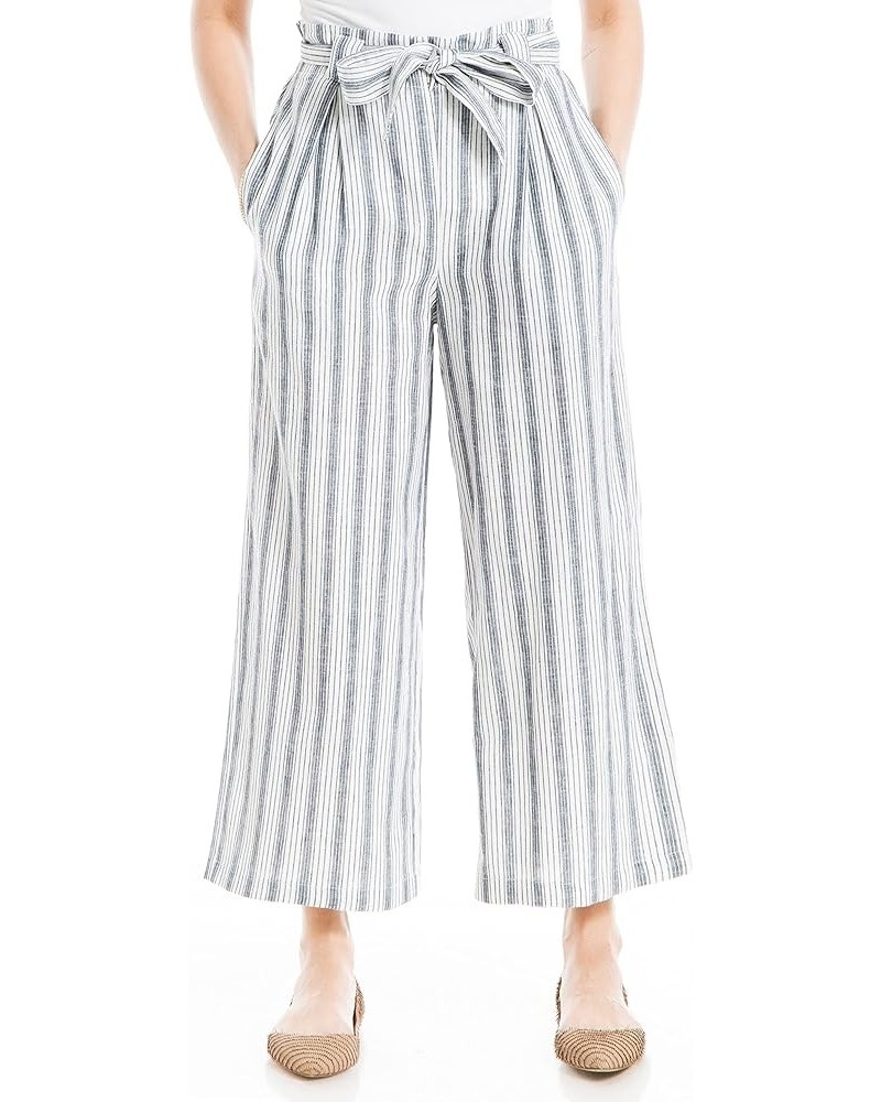 Women's Linen Blend Wide Leg Pant with Waist Tie Off White/Blue Stripe $11.44 Pants