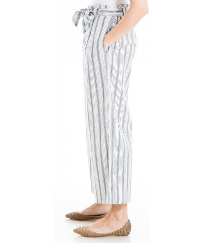 Women's Linen Blend Wide Leg Pant with Waist Tie Off White/Blue Stripe $11.44 Pants