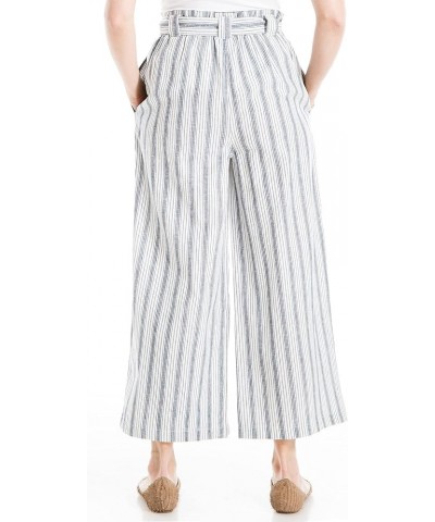 Women's Linen Blend Wide Leg Pant with Waist Tie Off White/Blue Stripe $11.44 Pants