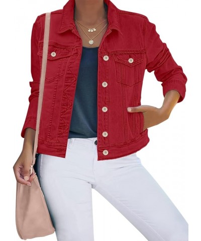 Women's Basic Button Down Stretch Fitted Long Sleeves Denim Jean Jacket True Red $22.94 Jackets