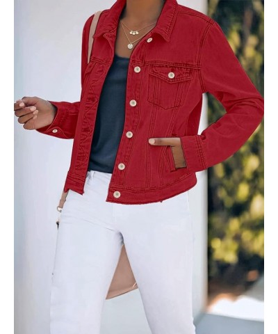 Women's Basic Button Down Stretch Fitted Long Sleeves Denim Jean Jacket True Red $22.94 Jackets