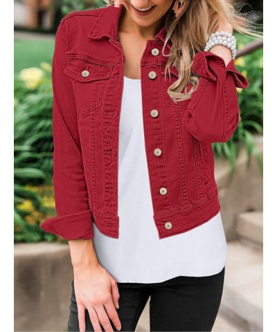 Women's Basic Button Down Stretch Fitted Long Sleeves Denim Jean Jacket True Red $22.94 Jackets