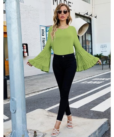 Women Casual Long Bell Sleeve Tops Loose Round Neck T Shirt Flare Sleeve Shirt Tops Grass Green $15.64 Blouses