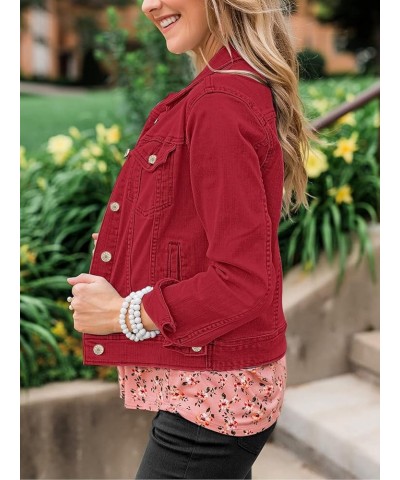 Women's Basic Button Down Stretch Fitted Long Sleeves Denim Jean Jacket True Red $22.94 Jackets