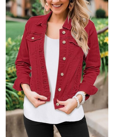 Women's Basic Button Down Stretch Fitted Long Sleeves Denim Jean Jacket True Red $22.94 Jackets