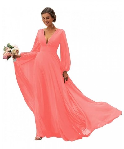 Women's Long Sleeves Bridesmaid Dresses V-Neck Chiffon A Line Formal Dress Evening Gowns with Train Coral $29.14 Dresses