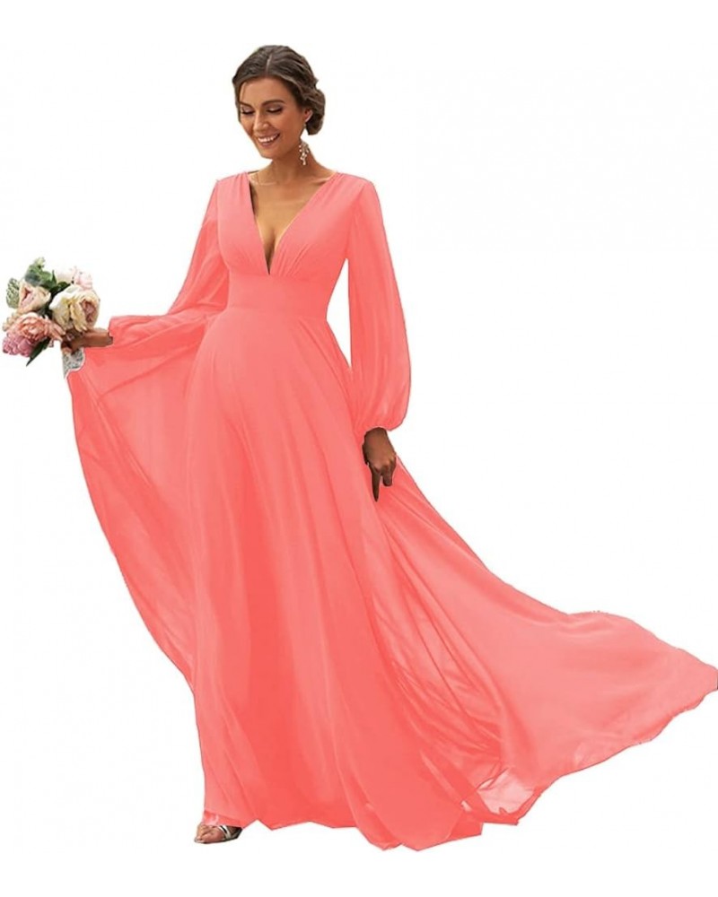 Women's Long Sleeves Bridesmaid Dresses V-Neck Chiffon A Line Formal Dress Evening Gowns with Train Coral $29.14 Dresses