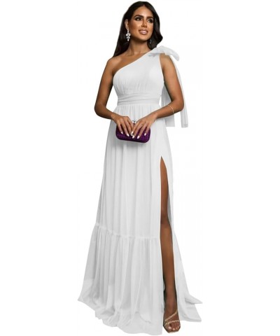 One Shoulder Bridesmaid Dresses with Slit Tulle Pleated Long Formal Evening Dresses for Women White $24.60 Dresses