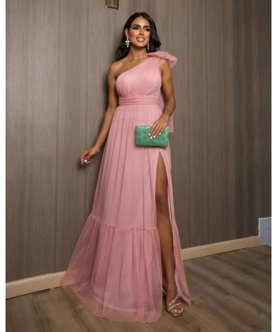 One Shoulder Bridesmaid Dresses with Slit Tulle Pleated Long Formal Evening Dresses for Women White $24.60 Dresses