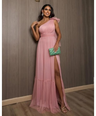 One Shoulder Bridesmaid Dresses with Slit Tulle Pleated Long Formal Evening Dresses for Women White $24.60 Dresses