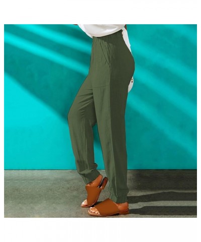 Womens Casual Linen Pants Drawstring Straight Leg Cotton Trouser Summer Elastic High Waist Outdoor Travel Beach Pants R-green...