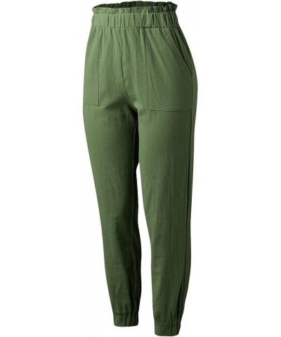 Womens Casual Linen Pants Drawstring Straight Leg Cotton Trouser Summer Elastic High Waist Outdoor Travel Beach Pants R-green...