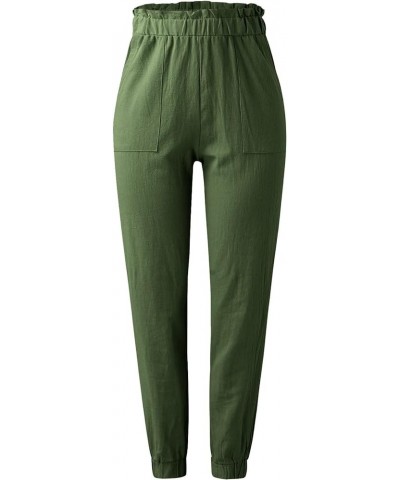 Womens Casual Linen Pants Drawstring Straight Leg Cotton Trouser Summer Elastic High Waist Outdoor Travel Beach Pants R-green...