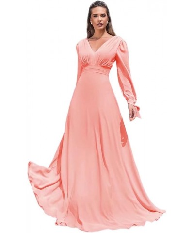 Elegant Chiffon Long Sleeve Bridesmaid Dresses for Women Long V Neck Formal Dresses A-line Pleated Party Gowns WZY50 Coral $3...