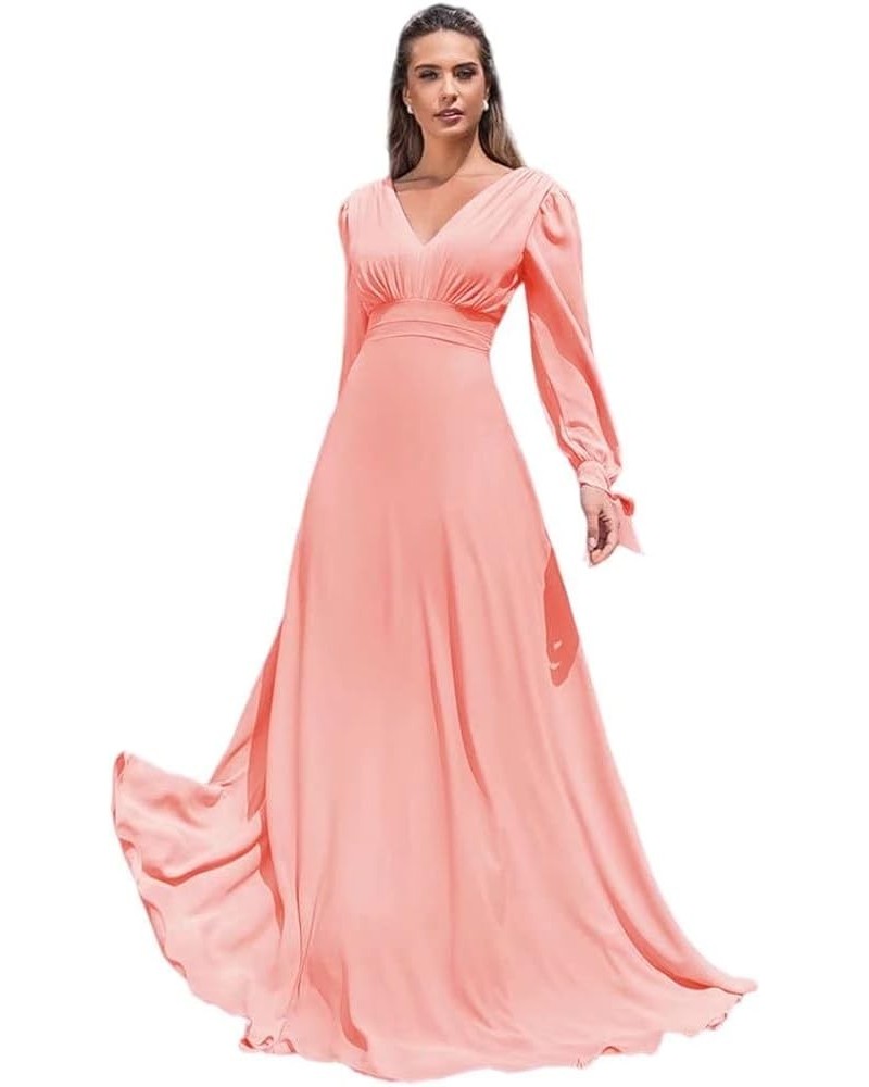 Elegant Chiffon Long Sleeve Bridesmaid Dresses for Women Long V Neck Formal Dresses A-line Pleated Party Gowns WZY50 Coral $3...