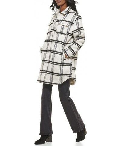 Women's Wool Blend Sherpa Lined Long Shacket Black/White Window Plaid $55.10 Coats