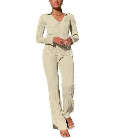 Women's 2 Piece Outfits Long Sleeve Knit V Neck Side Split Top High Waist Pants Lounge Sets Apricot $20.29 Sleep & Lounge