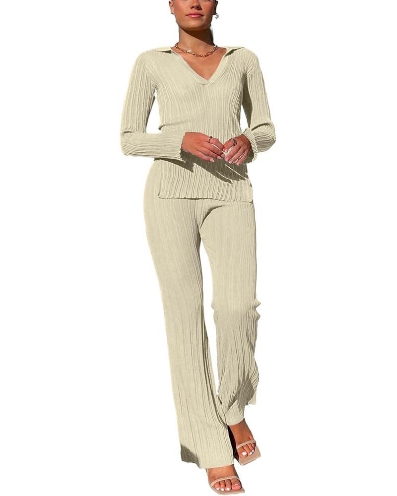 Women's 2 Piece Outfits Long Sleeve Knit V Neck Side Split Top High Waist Pants Lounge Sets Apricot $20.29 Sleep & Lounge