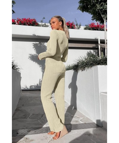 Women's 2 Piece Outfits Long Sleeve Knit V Neck Side Split Top High Waist Pants Lounge Sets Apricot $20.29 Sleep & Lounge