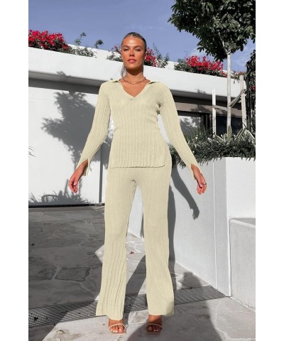 Women's 2 Piece Outfits Long Sleeve Knit V Neck Side Split Top High Waist Pants Lounge Sets Apricot $20.29 Sleep & Lounge