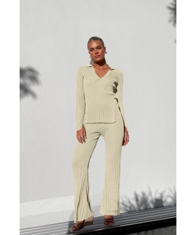 Women's 2 Piece Outfits Long Sleeve Knit V Neck Side Split Top High Waist Pants Lounge Sets Apricot $20.29 Sleep & Lounge