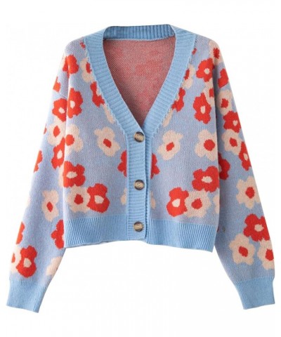 Womens Y2K Flower Pattern Long Sleeve Loose Knitwear Sweater V-Neck Button Down Knitted Cardigan Blue-1 $17.05 Sweaters