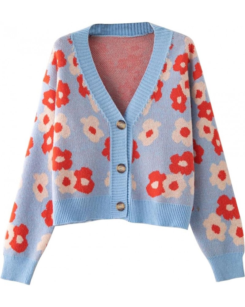 Womens Y2K Flower Pattern Long Sleeve Loose Knitwear Sweater V-Neck Button Down Knitted Cardigan Blue-1 $17.05 Sweaters