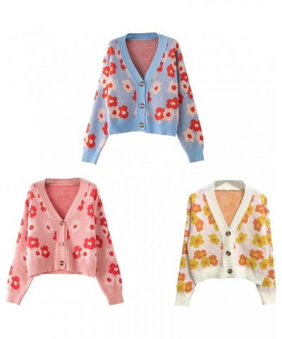 Womens Y2K Flower Pattern Long Sleeve Loose Knitwear Sweater V-Neck Button Down Knitted Cardigan Blue-1 $17.05 Sweaters