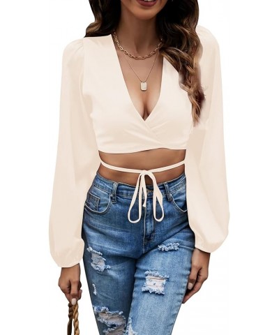 Women's Satin Wrap V Neck Criss Cross Tie Long Sleeve Crop Blouse Top Beige $16.17 Blouses