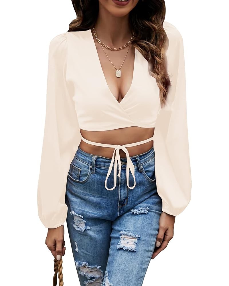 Women's Satin Wrap V Neck Criss Cross Tie Long Sleeve Crop Blouse Top Beige $16.17 Blouses