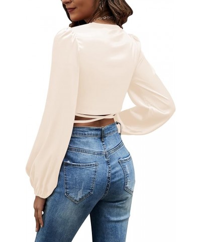 Women's Satin Wrap V Neck Criss Cross Tie Long Sleeve Crop Blouse Top Beige $16.17 Blouses