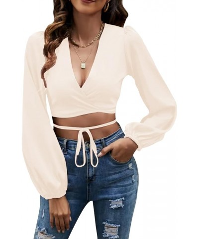 Women's Satin Wrap V Neck Criss Cross Tie Long Sleeve Crop Blouse Top Beige $16.17 Blouses