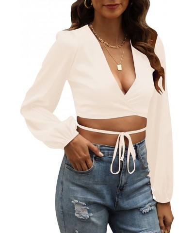 Women's Satin Wrap V Neck Criss Cross Tie Long Sleeve Crop Blouse Top Beige $16.17 Blouses