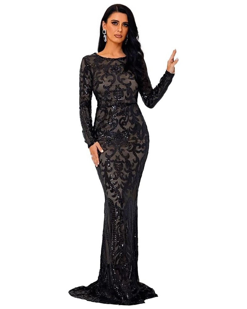 Sexy O Neck Long Sleeve Retro Sequin Maxi Gorgeous Dress White Black $32.76 Dresses