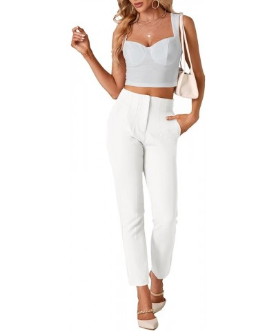 Women's Elegant High Waist Straight Leg Long Pants Office Trousers with Pockets White $18.48 Pants