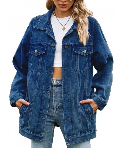 Jean Jacket Women Oversized Casual Distressed Denim Jacket Button Down Long Sleeve Shirt Coat with Pockets Navyblue $19.13 Ja...