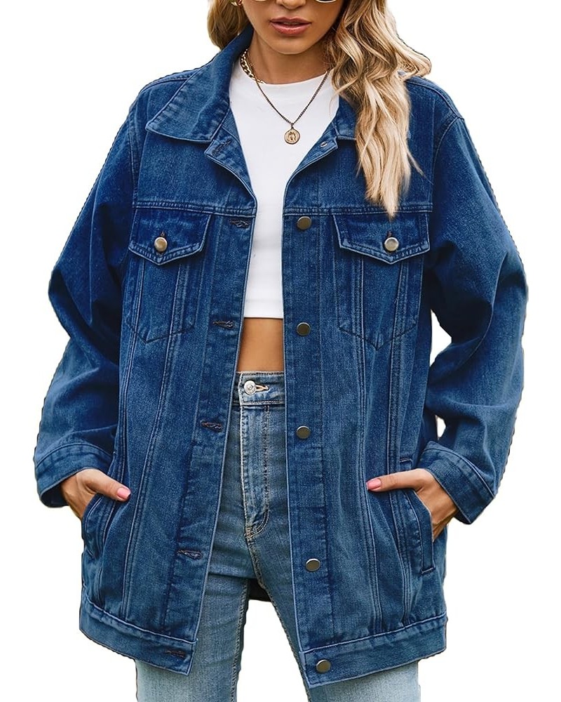 Jean Jacket Women Oversized Casual Distressed Denim Jacket Button Down Long Sleeve Shirt Coat with Pockets Navyblue $19.13 Ja...