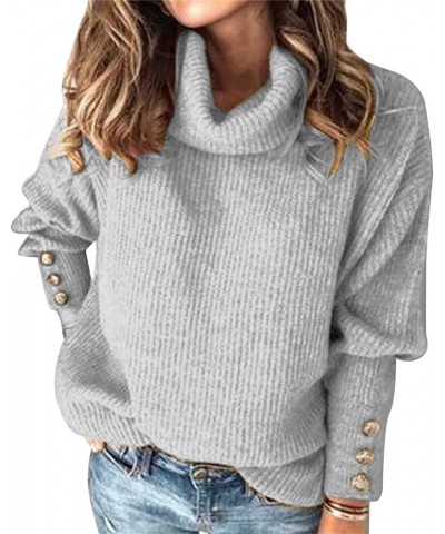 Women's 2023 Fall Winter Long Sleeve Cable Knit Sweater Turtleneck Striped Loose Pullover Tops Deco with Metal Buttons A4-gre...